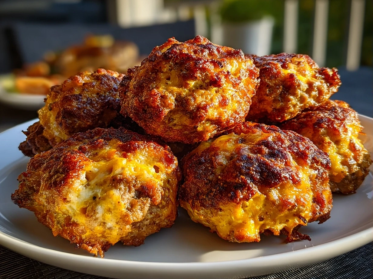 Close-up of a Stack of Cheesy Rotel Sausage Balls