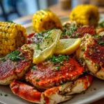 Close-up of freshly prepared crab boil on white plate