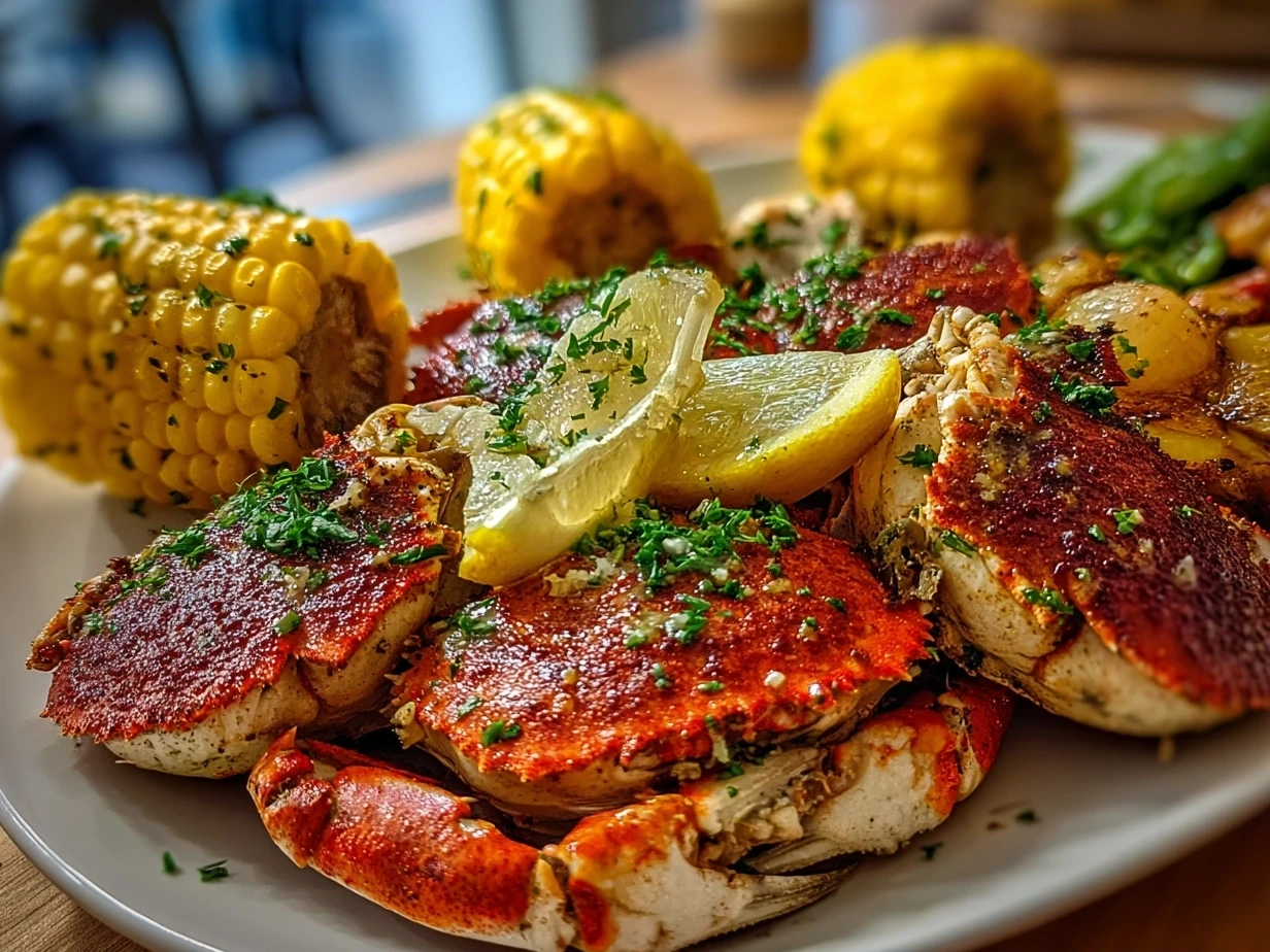 Close-up of freshly prepared crab boil on white plate