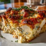 Close-up of freshly prepared poppy seed chicken casserole