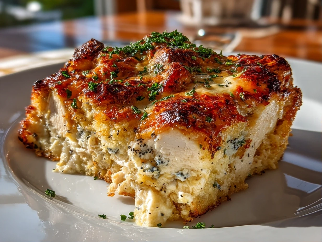 Close-up of freshly prepared poppy seed chicken casserole