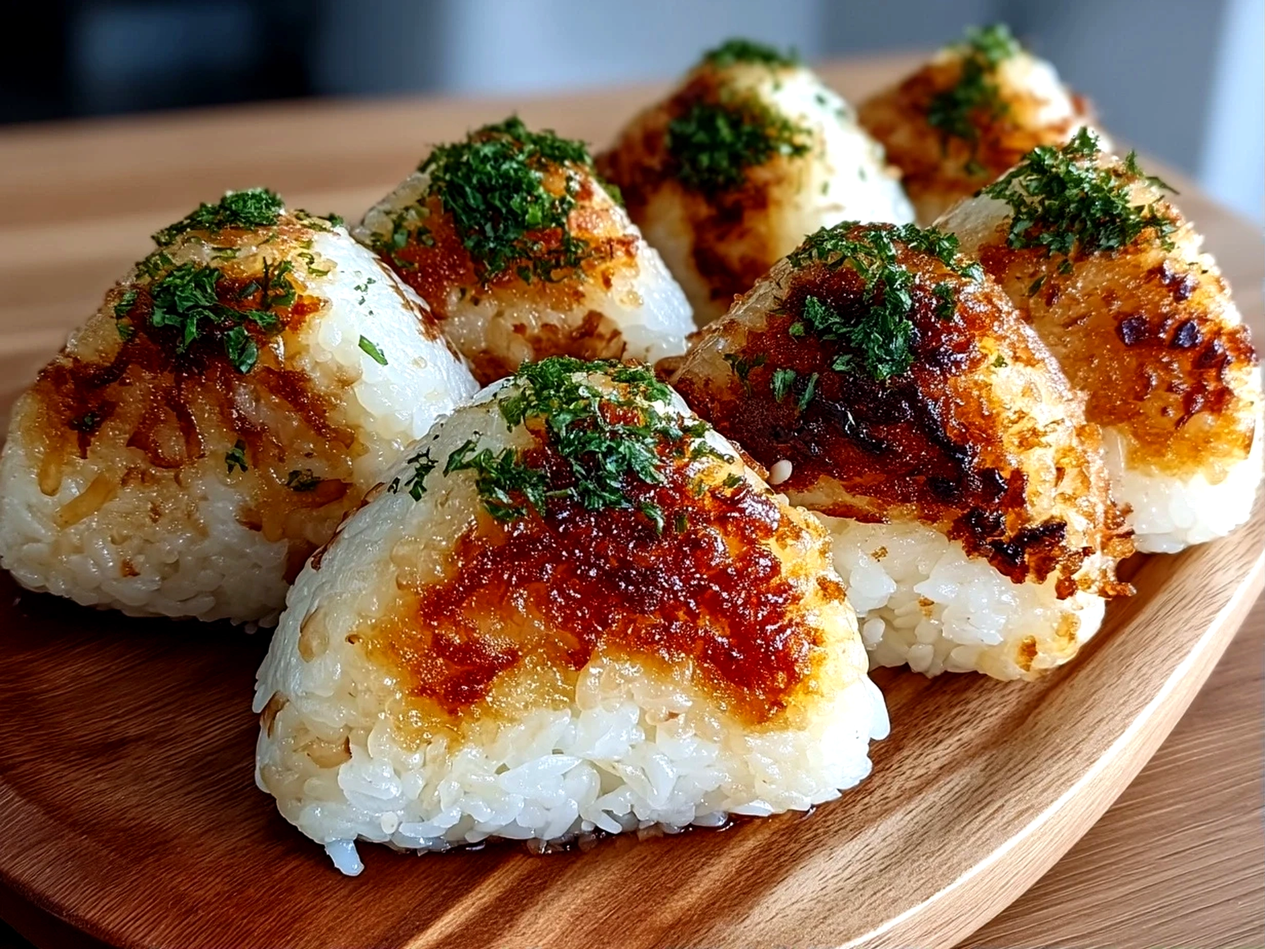 Close-up shot of crispy golden Easy Yaki Onigiri ready to eat