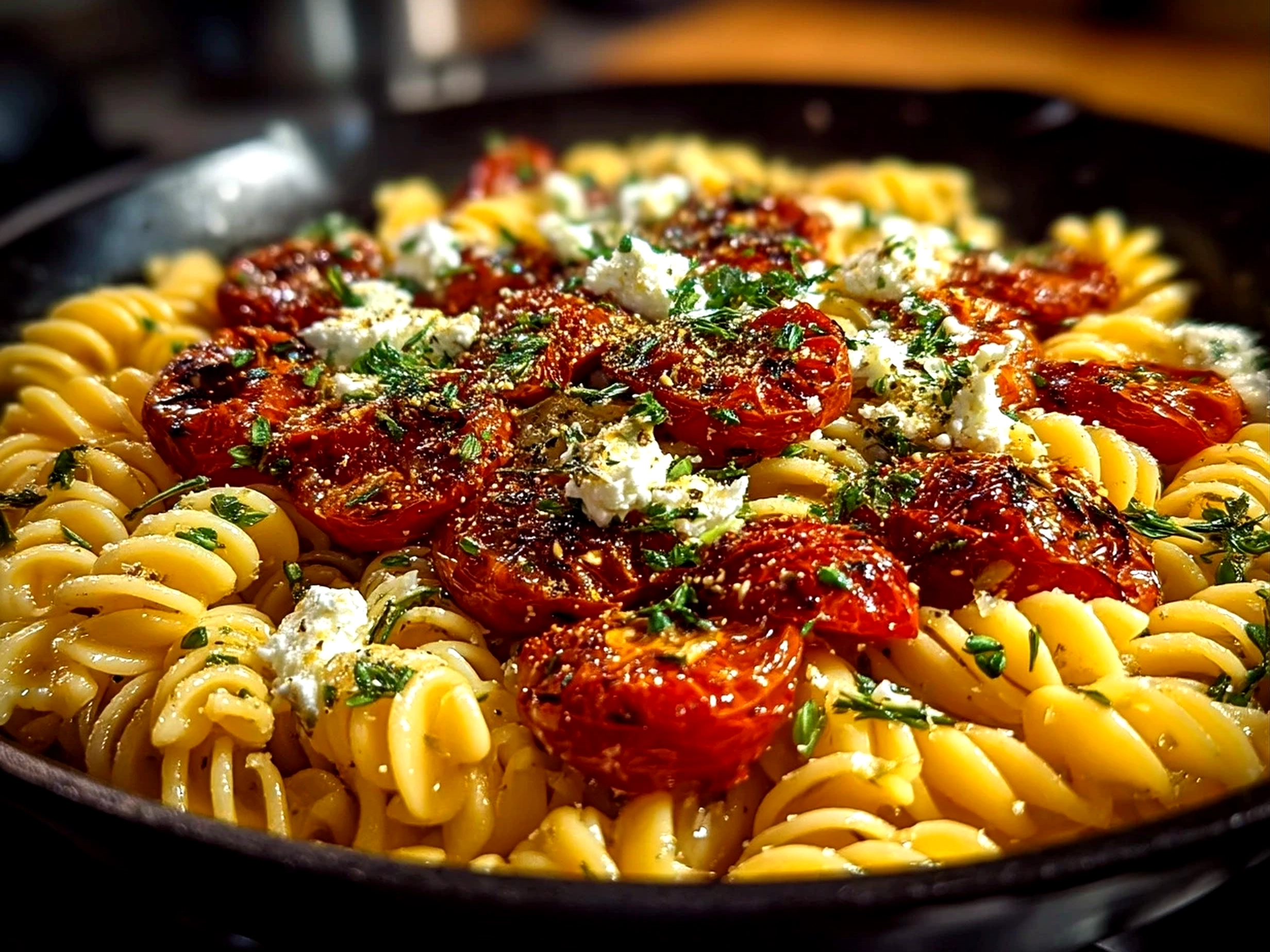 Close-up of ready to eat Roasted Tomato Ricotta Pasta