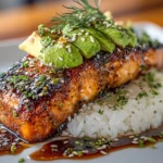 Close-up of Teriyaki Salmon Avocado Rice Bowl