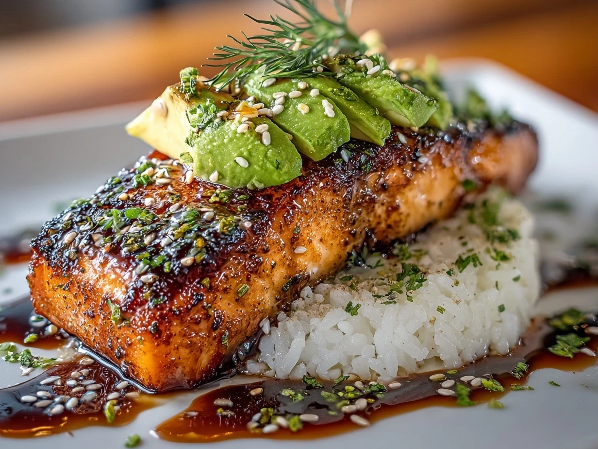 Close-up of Teriyaki Salmon Avocado Rice Bowl