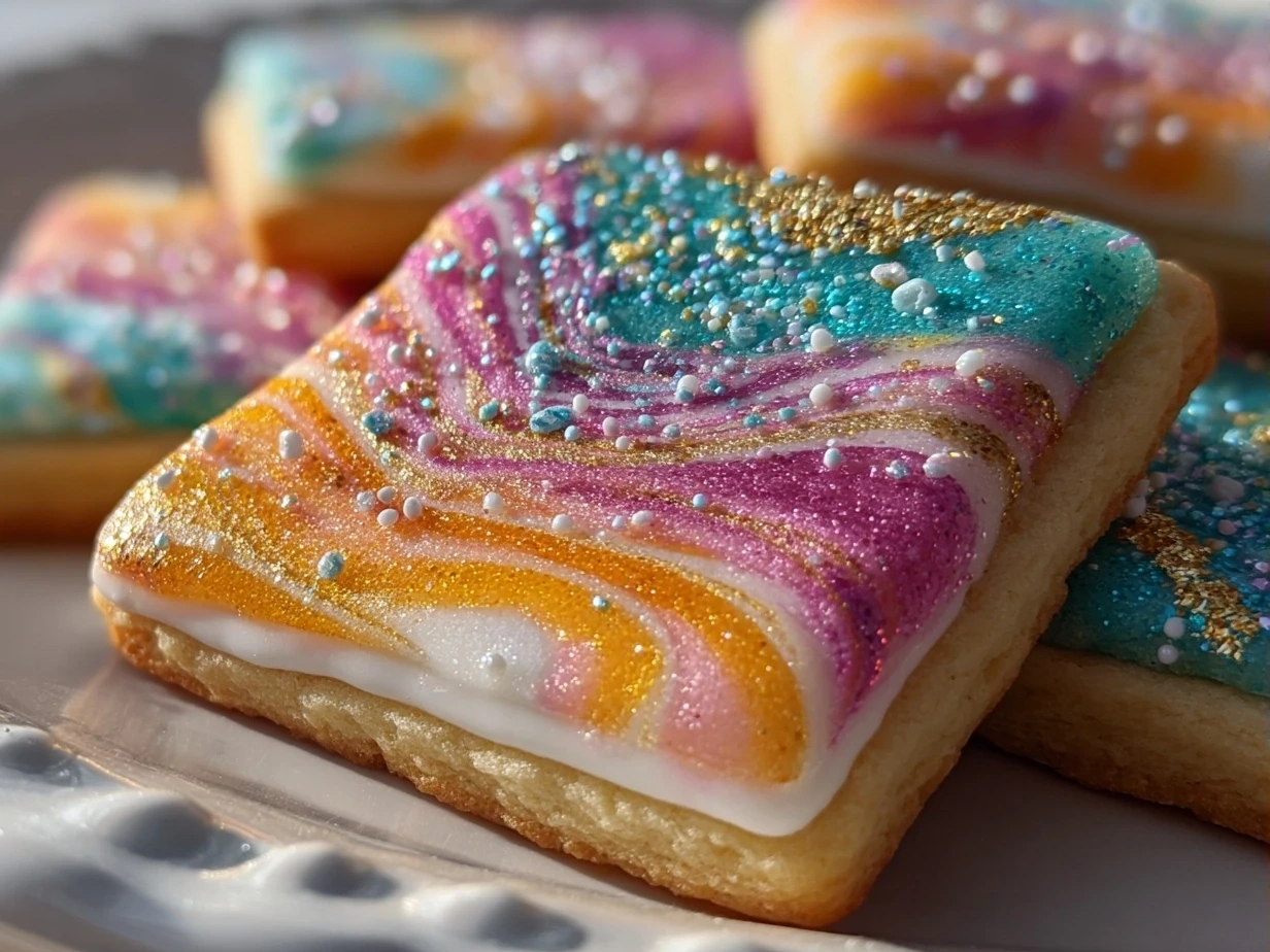 Final colorful marbled sugar cookies arranged beautifully