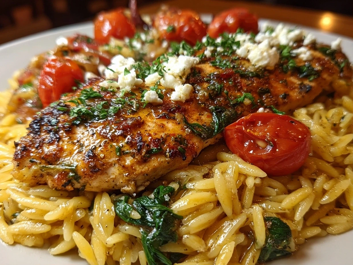 Close-up of a comforting finished Mediterranean Chicken and Orzo dish garnished with fresh herbs and feta cheese