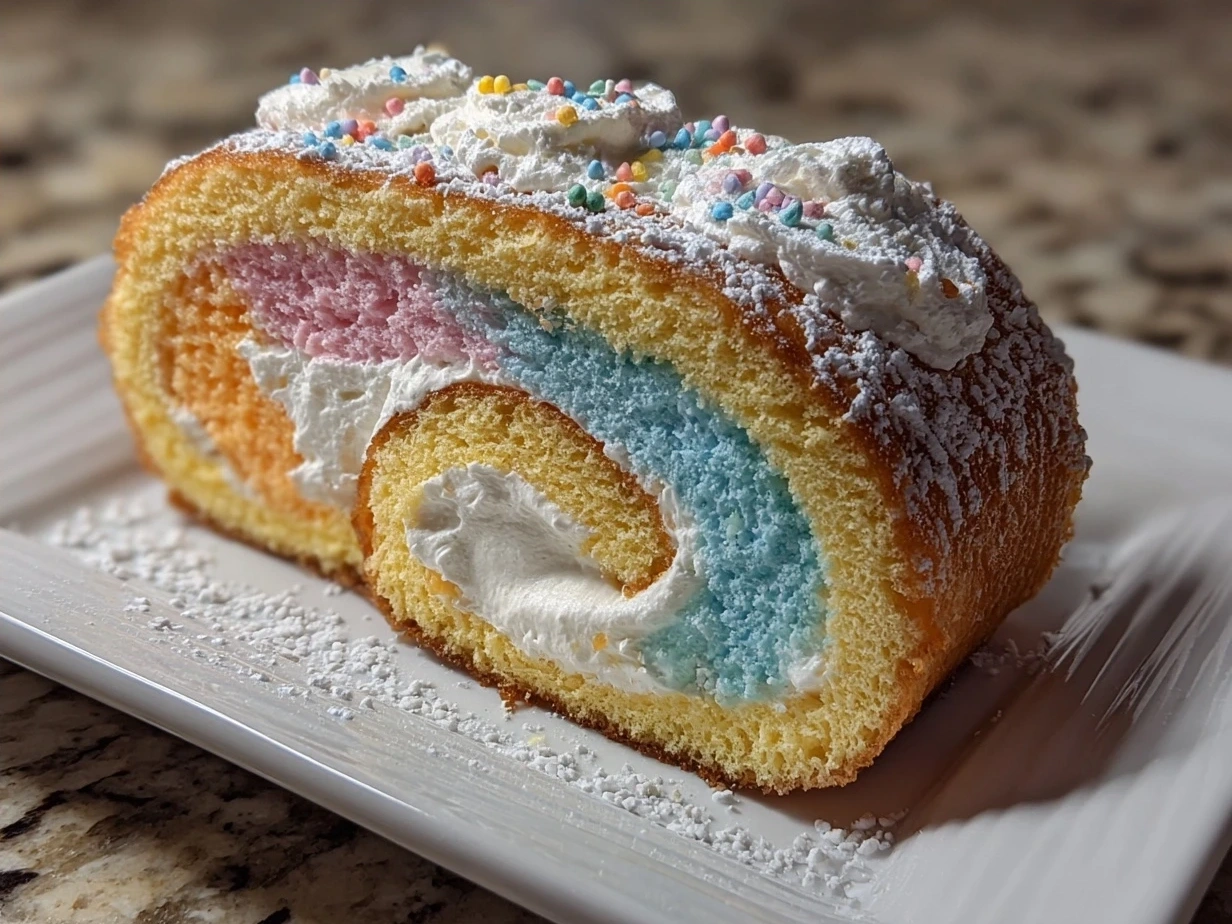 A beautifully sliced Cotton Candy Swiss Cake Roll with pink swirls and creamy filling on a plate
