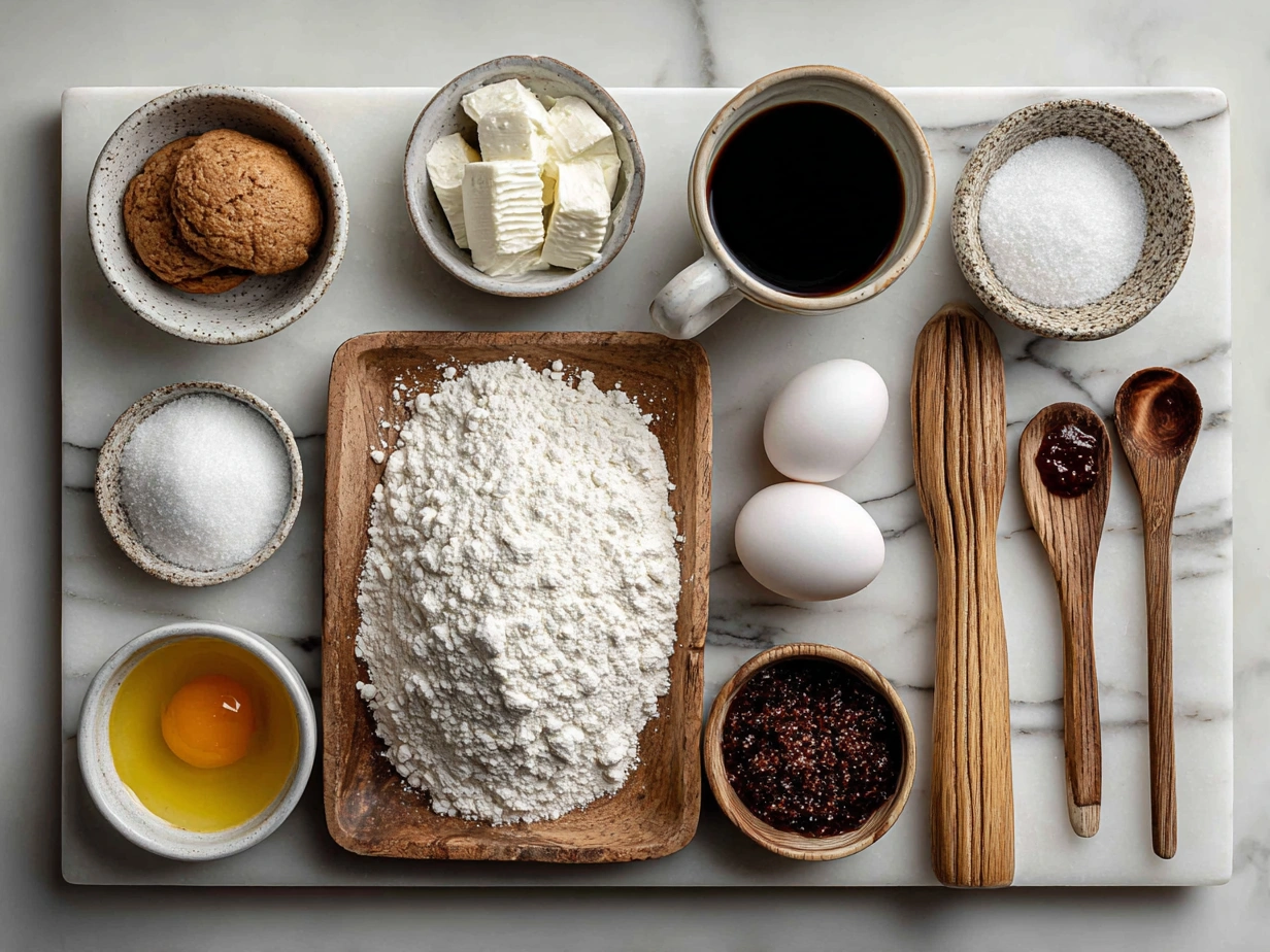 Ingredients laid out for making a Cotton Candy Swiss Cake Roll, including eggs, sugar, cake flour, cornstarch, pink gel coloring, vanilla extract, heavy cream, and powdered sugar
