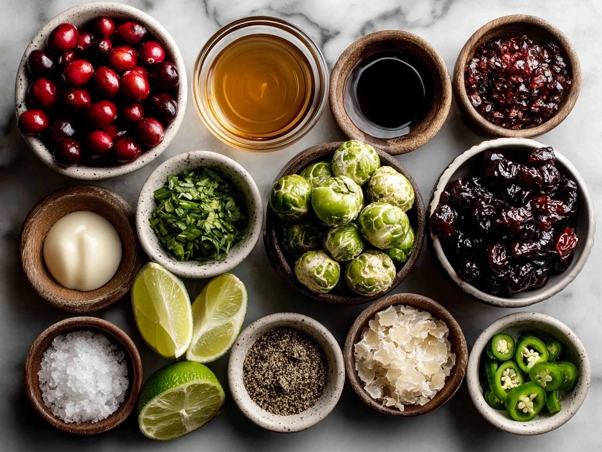 Ingredients for Cranberry Jalapeño Dip including cream cheese, cranberries, jalapeño, sour cream, red onion, honey, and spices