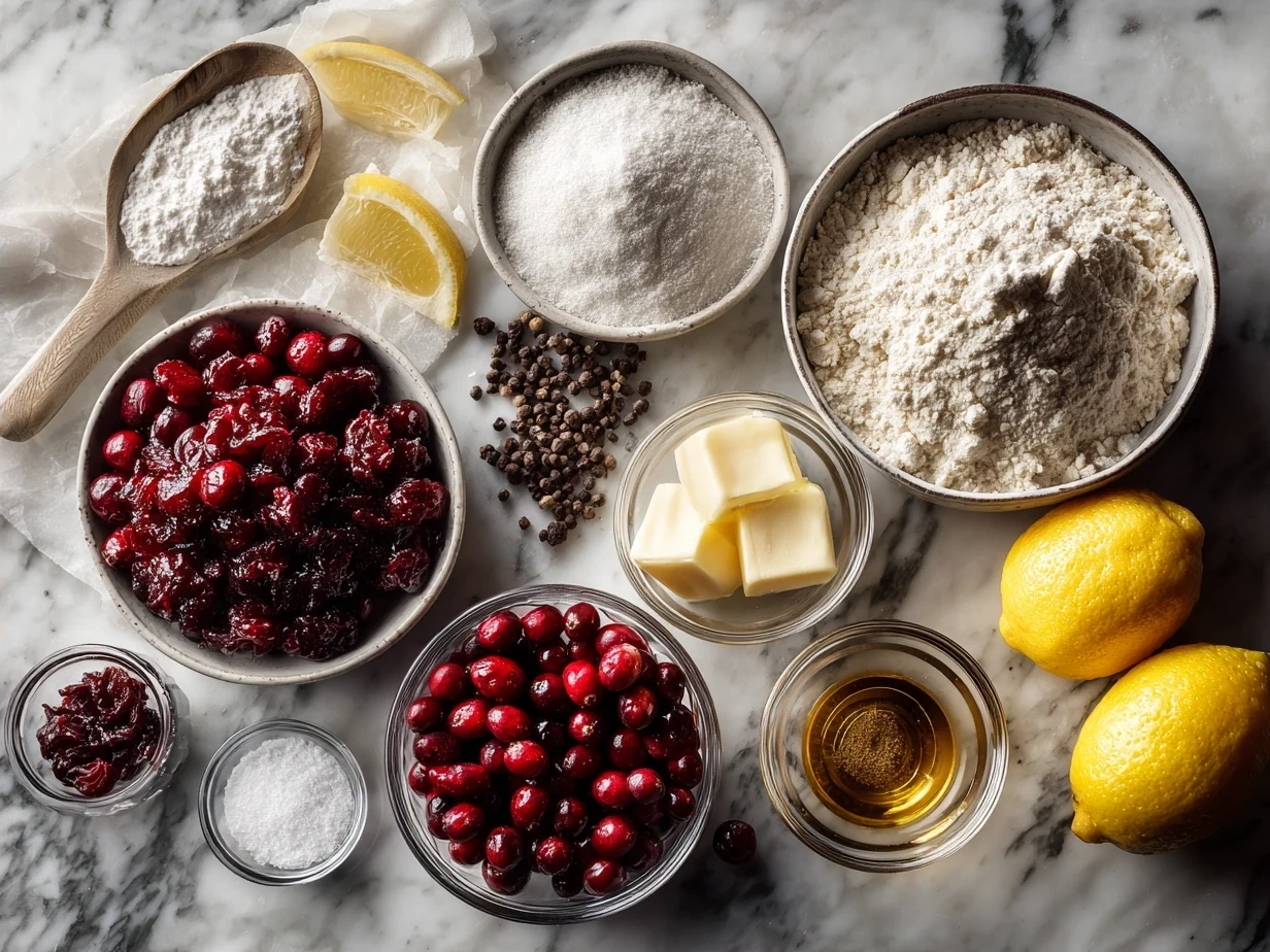 Ingredients for Cranberry Lemon Bars including butter, sugar, flour, eggs, lemons, and cranberries