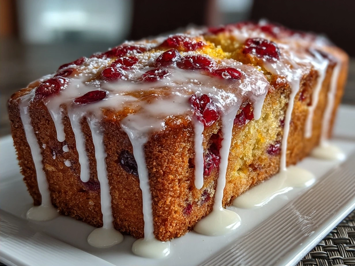 A sliced loaf of Cranberry Orange Bread with Glaze displayed on a wooden board, garnished with orange slices and fresh rosemary