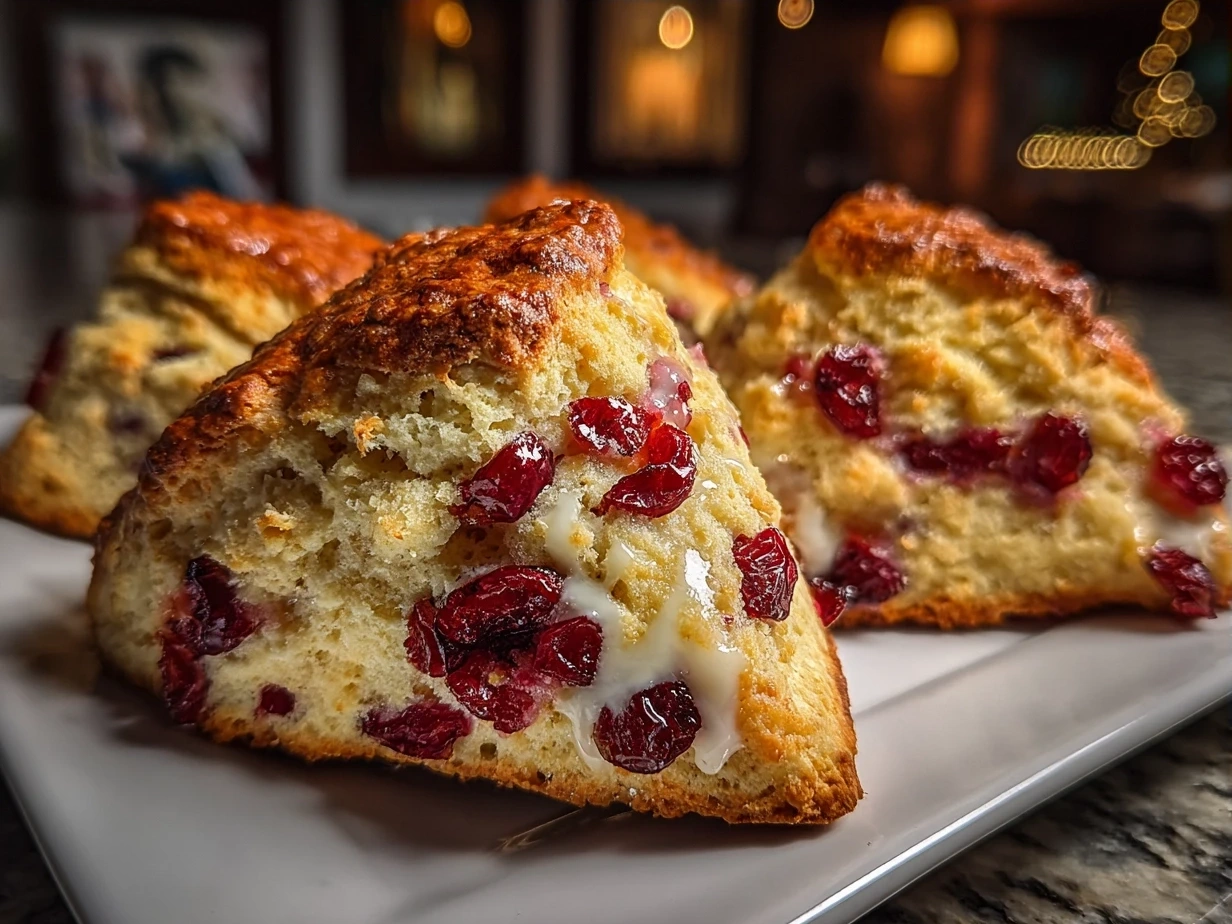 Perfectly baked Cranberry Orange Scones fresh out of the oven on a serving plate