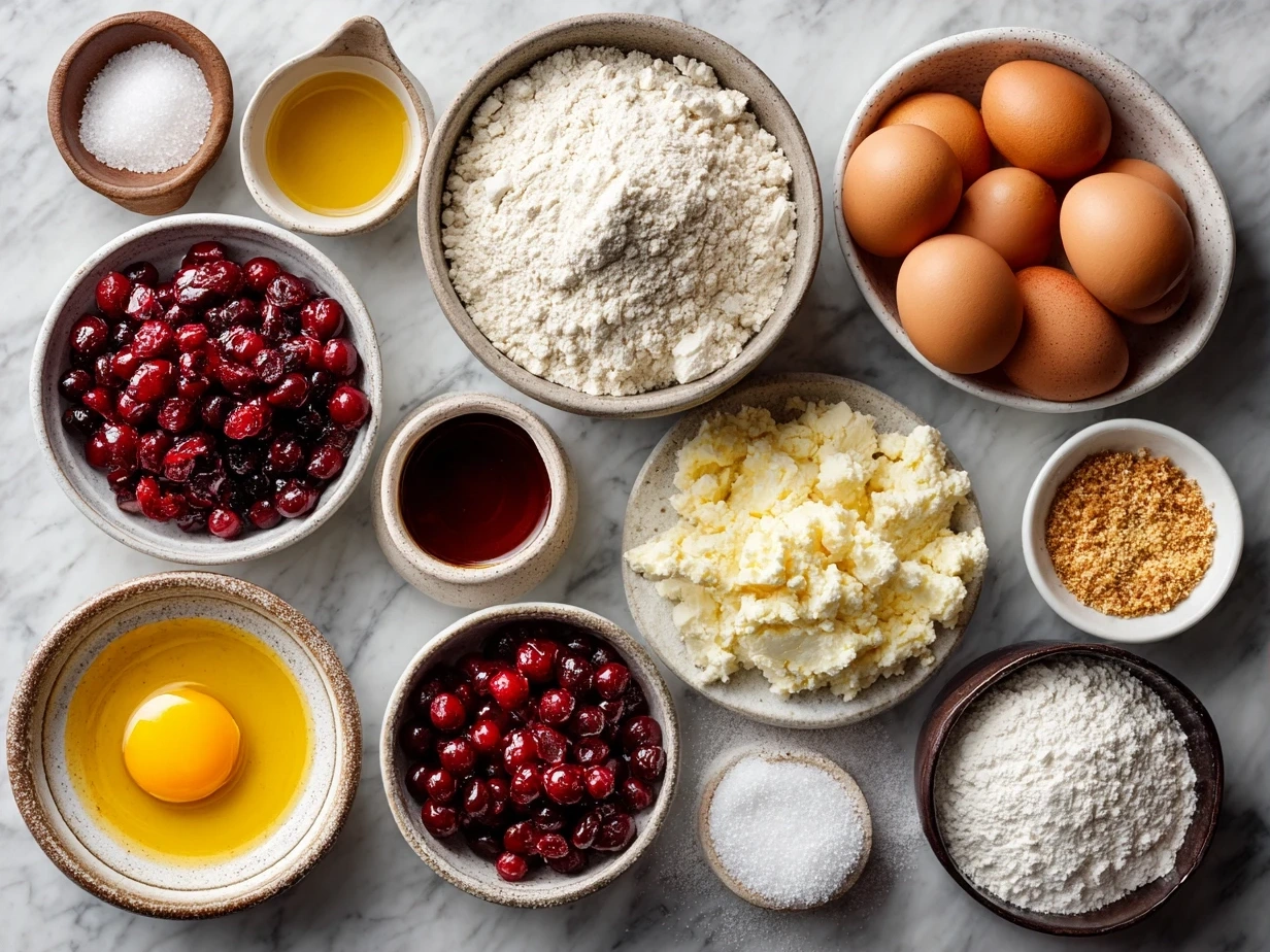Ingredients for Cranberry Orange Scones including fresh cranberries, orange zest, flour, sugar, and butter