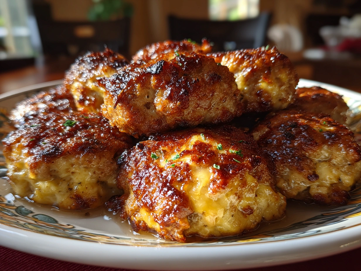 Freshly baked Cream Cheese Sausage Balls ready to serve on a rustic board garnished with herbs