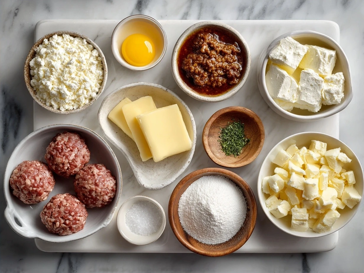 Ingredients for Cream Cheese Sausage Balls including ground sausage, cream cheese, cheddar cheese, Bisquick, garlic powder, and black pepper