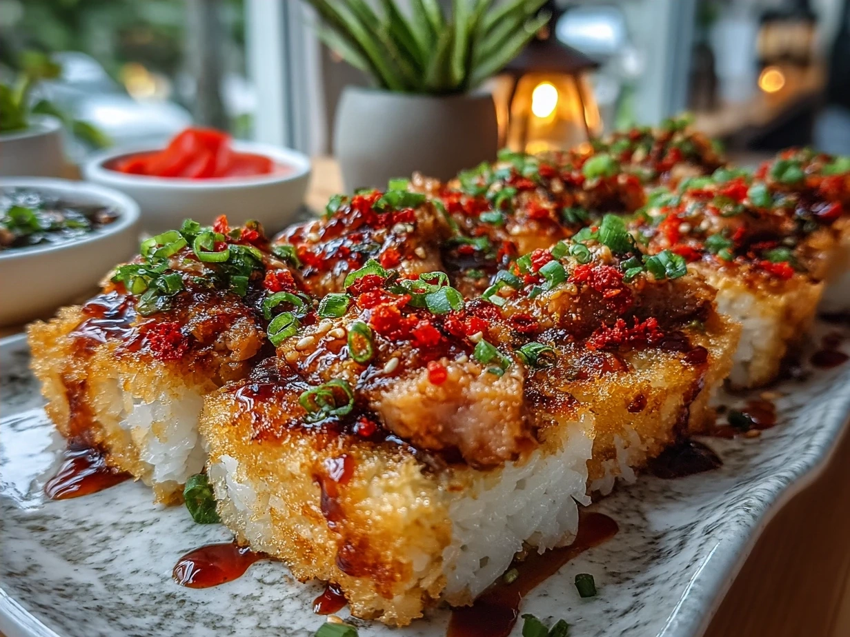 Plated Crispy Rice Spicy Tuna garnished with sesame seeds and fresh slices of avocado