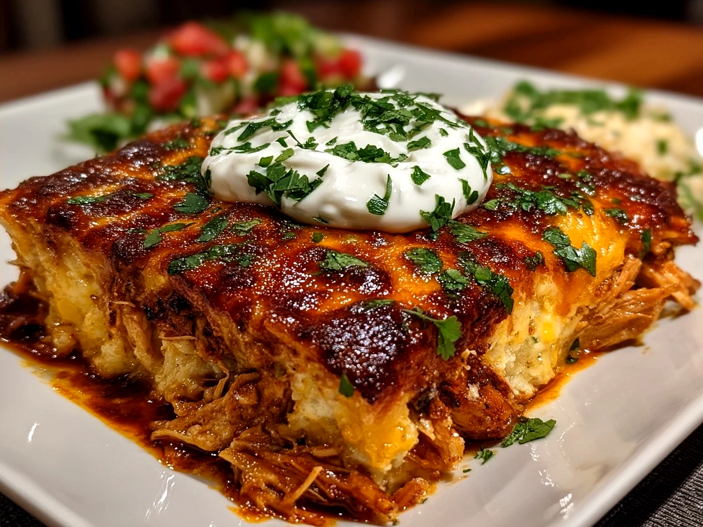Serving platter with a freshly cooked Crockpot Chicken Enchilada Casserole topped with cheese and garnishes