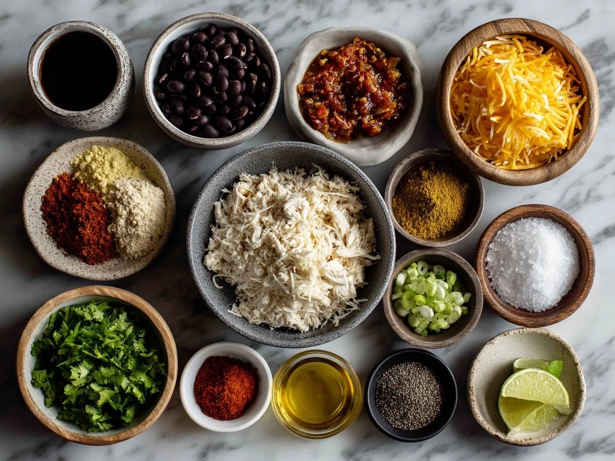 Ingredients laid out for Crockpot Chicken Enchilada Casserole including shredded chicken, cheese, enchilada sauce, tortillas and spices