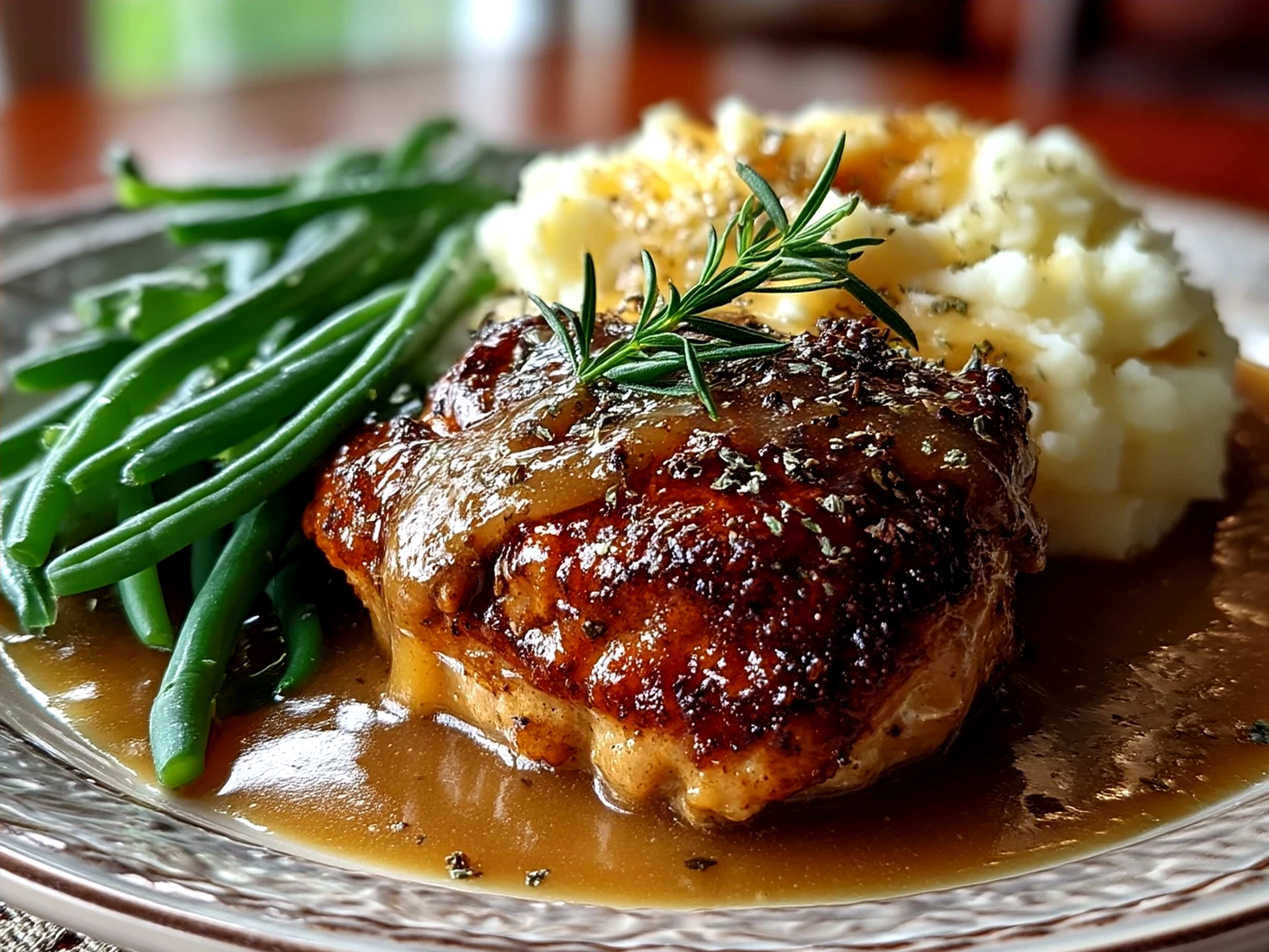 Serving of Crockpot Chicken Gravy over mashed potatoes garnished with parsley