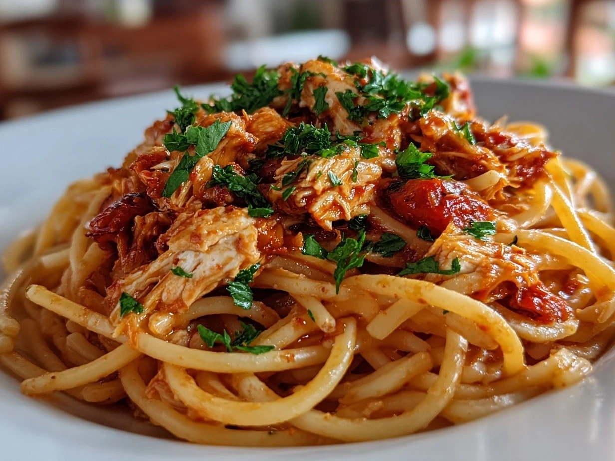 Final creamy Crockpot Chicken Spaghetti served in a bowl, garnished and ready to eat