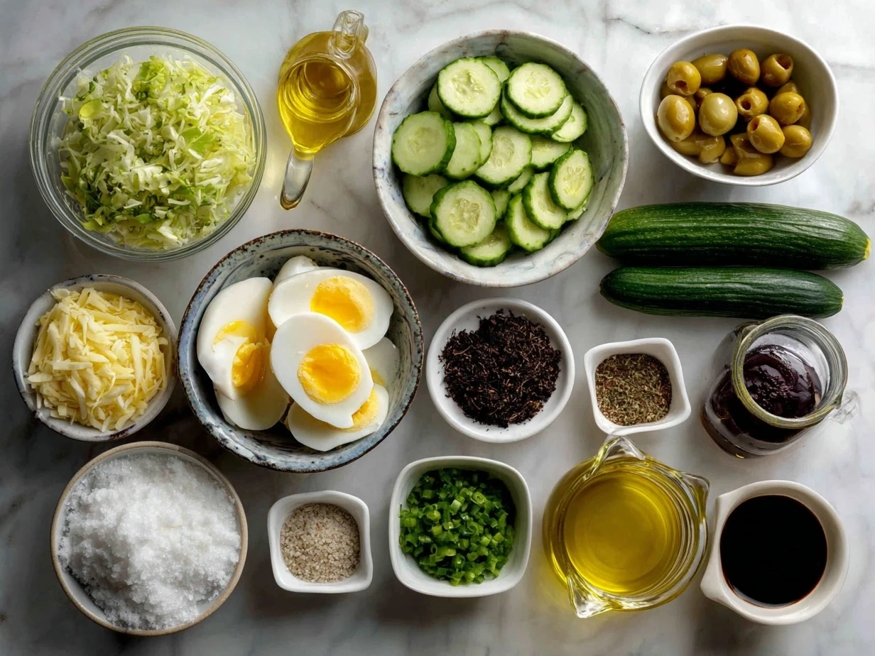 Ingredients for Cucumber Pasta Salad laid out