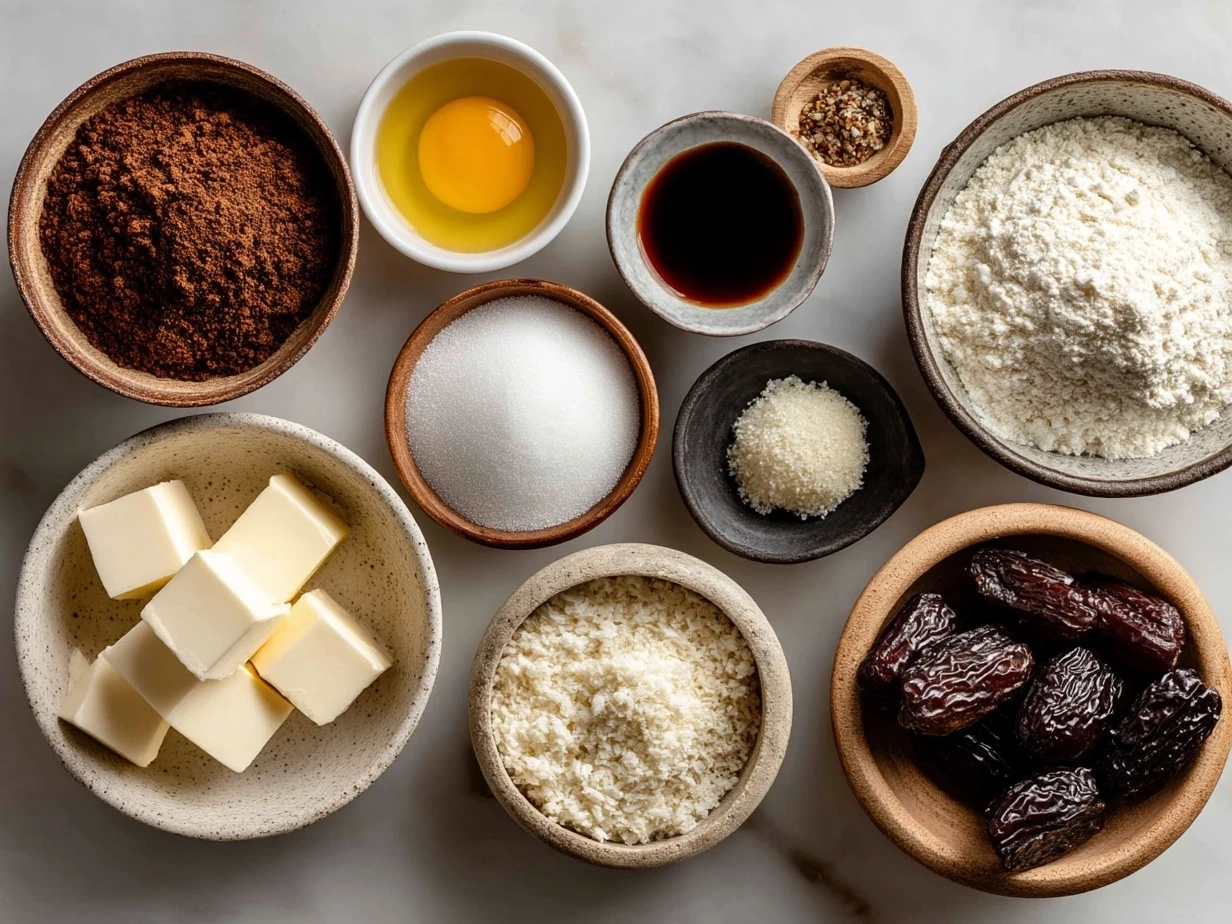 Ingredients needed for making Date Brownies including dates, flour, walnuts, cocoa powder, and coconut oil