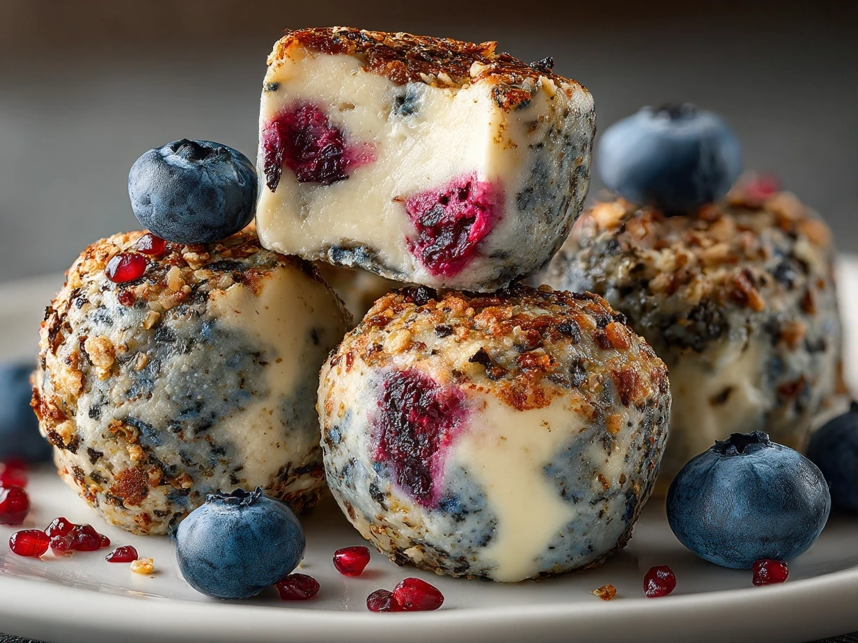 Delicious Blueberry Cheesecake Protein Bites arranged on a plate