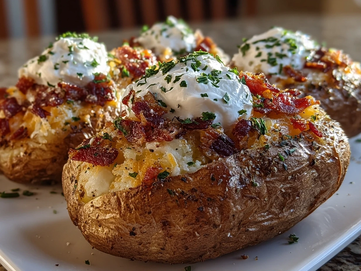 Close-up of a delicious homemade loaded baked potato with melted cheese, bacon, sour cream, and chives.