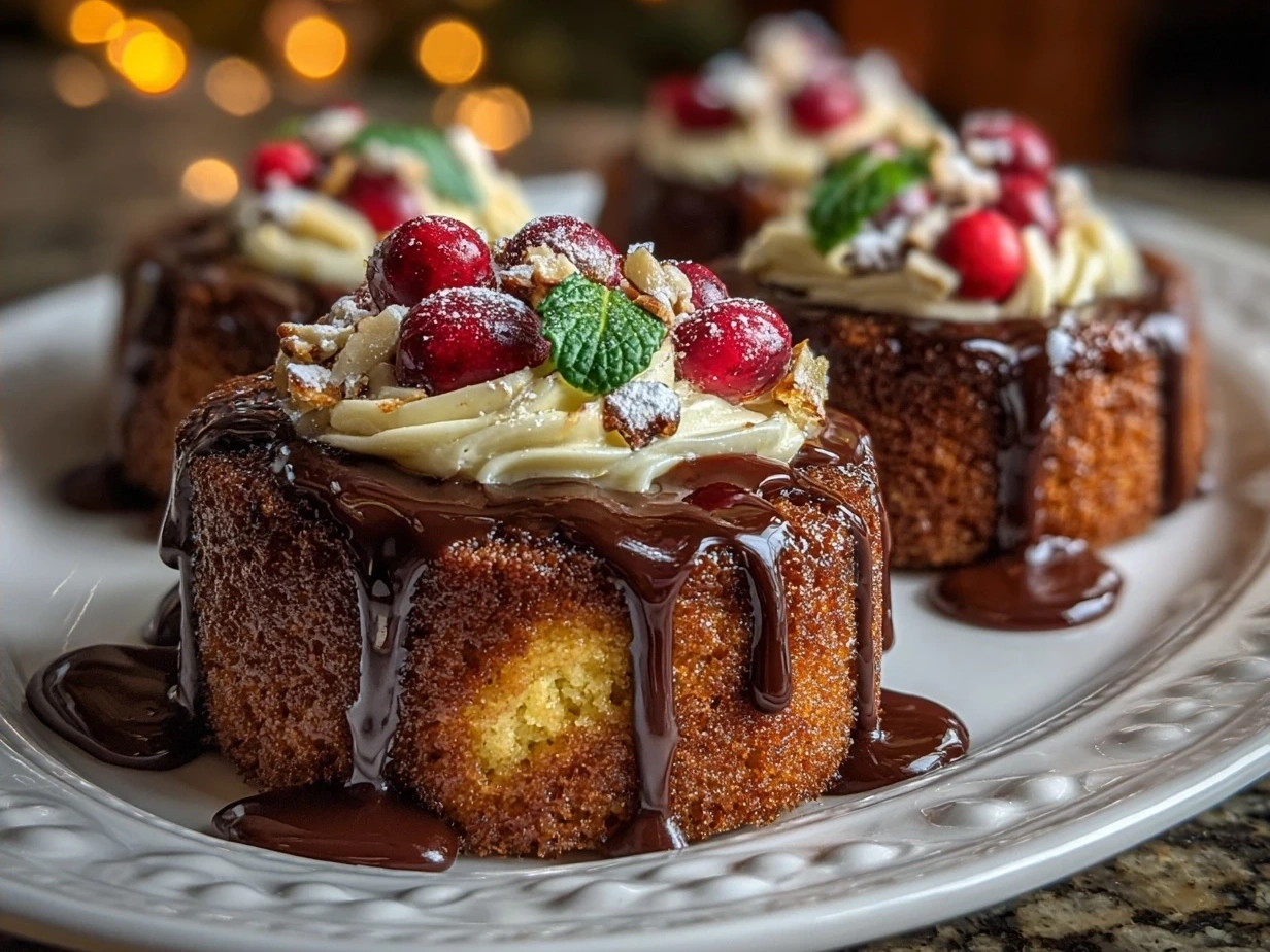 Festive Mini Christmas Cakes with Ganache ready to serve on a holiday table