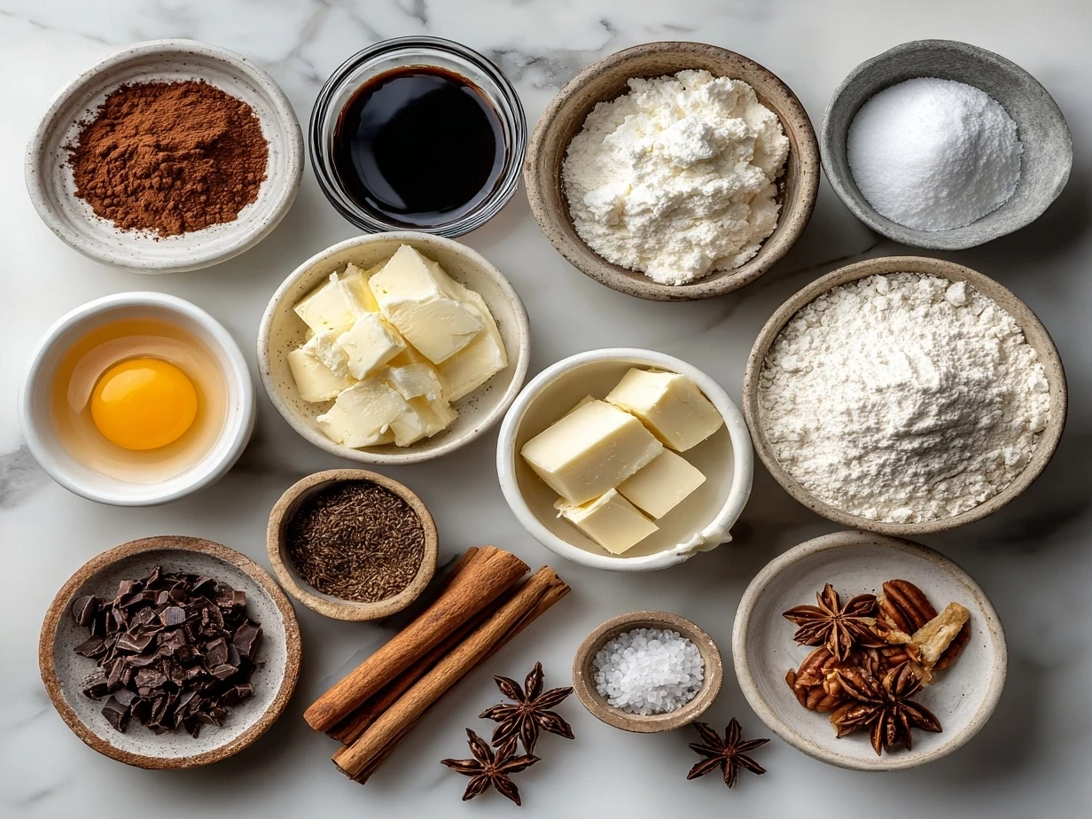 Ingredients for Festive Mini Christmas Cakes with Ganache laid out