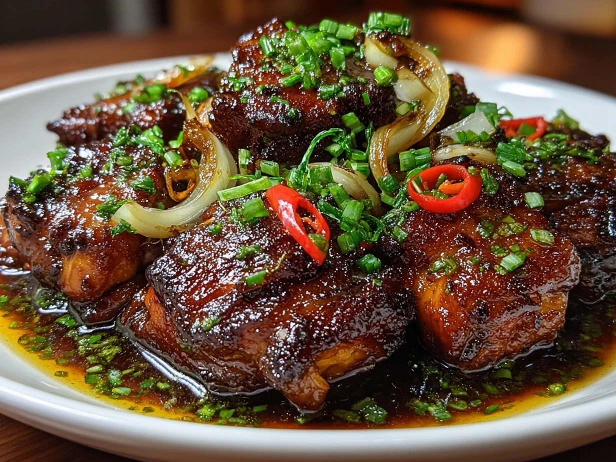 Final plated Filipino Chicken Adobo served with rice and garnished with green onions and cilantro.