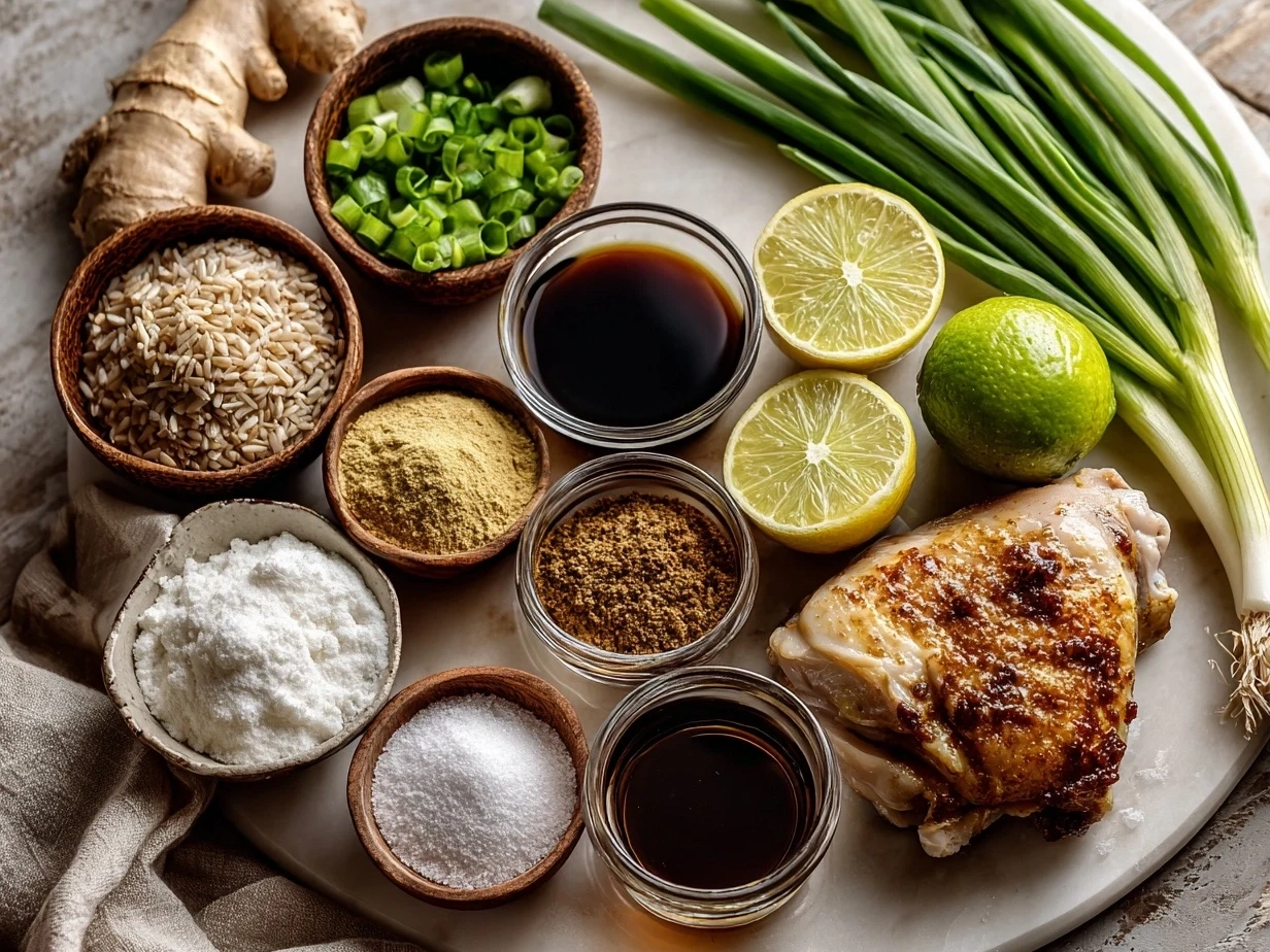 Ingredients for Filipino Chicken Adobo: chicken thighs, soy sauce, vinegar, onions, garlic, bay leaves, peppercorns, brown sugar, cooking oil.