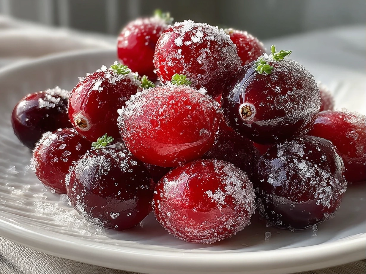 Finished 3-ingredient sugared cranberries in a glass bowl