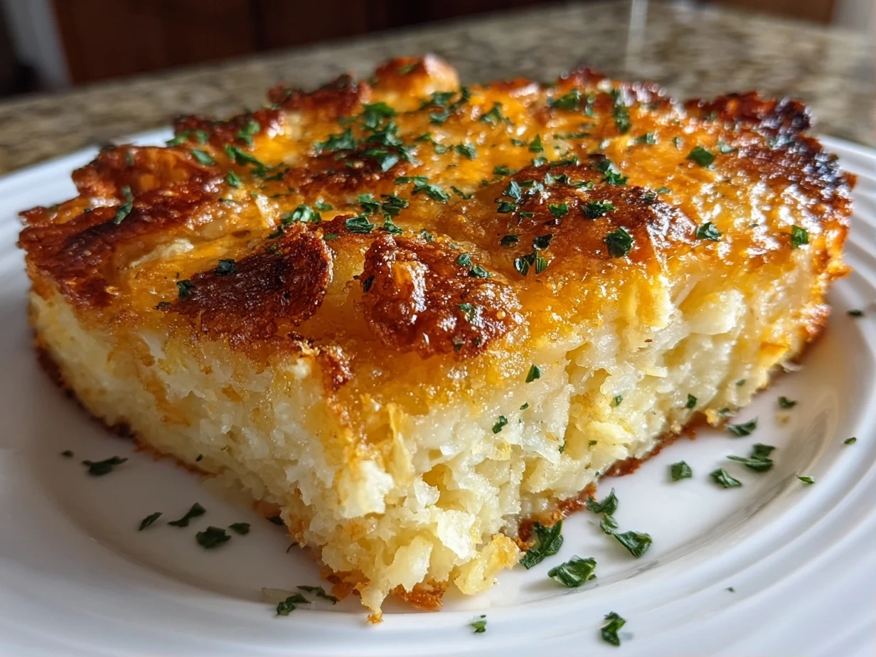 Golden brown Copycat Cracker Barrel Hashbrown Casserole in a baking dish