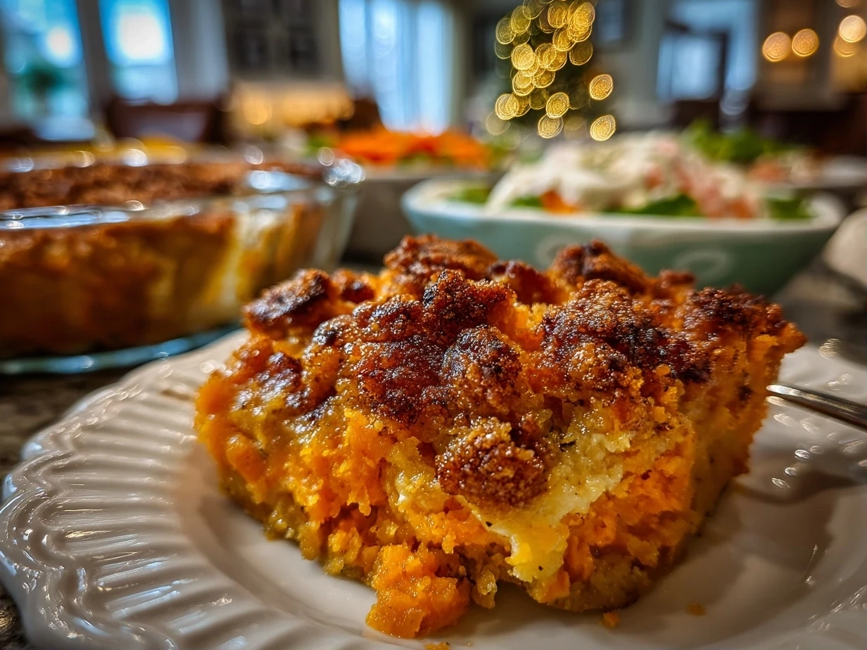 Close-up of finished sweet potato casserole with toasted marshmallows and pecans