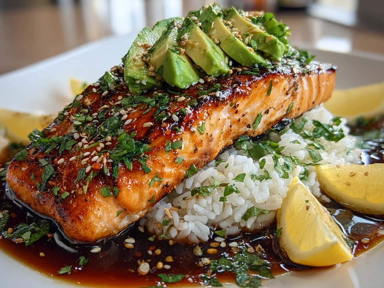 Close-up of a vibrant Teriyaki Salmon Avocado Rice bowl with glazed salmon, avocado slices, sesame seeds, and green onions