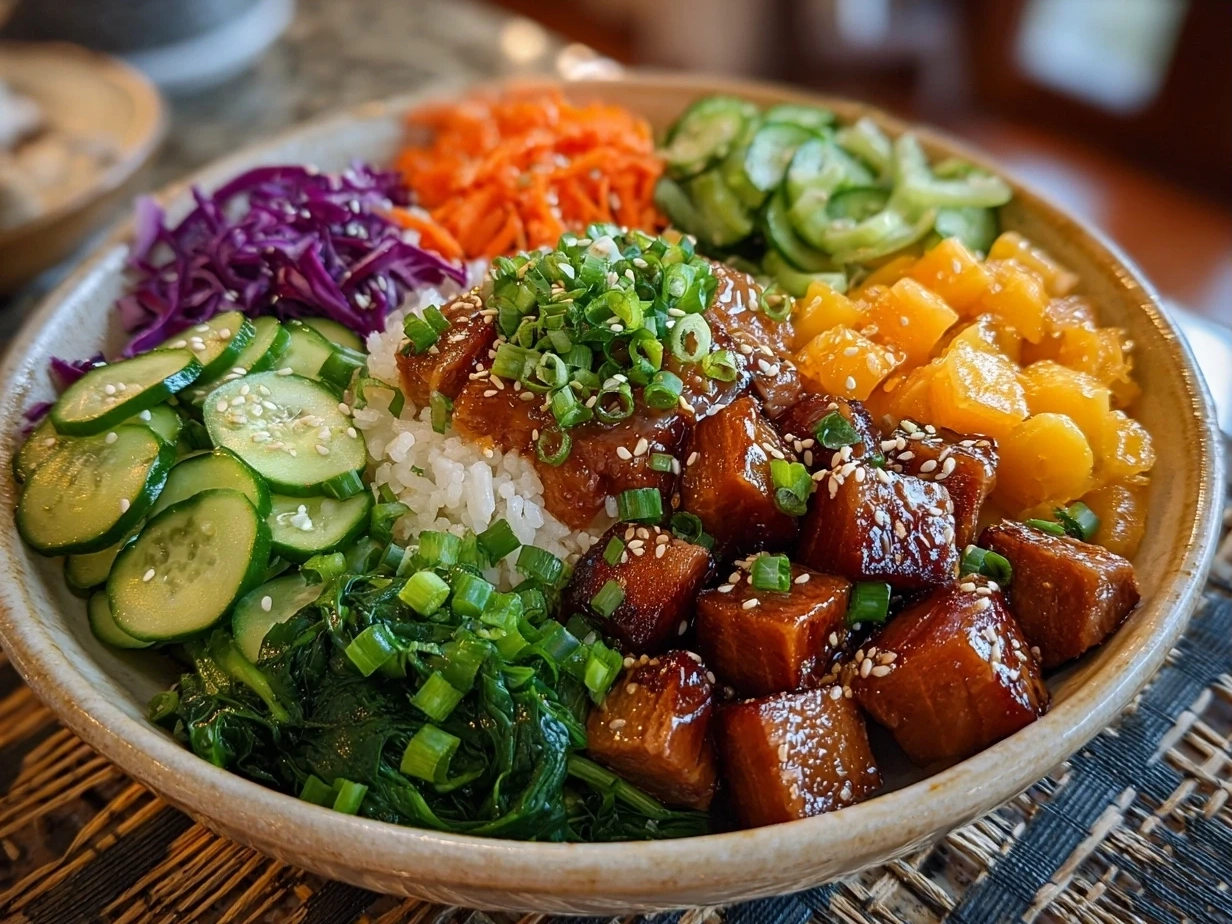 Finished vibrant vegan poke bowl served with avocado, tofu, cucumber, carrots, and garnished with sesame seeds