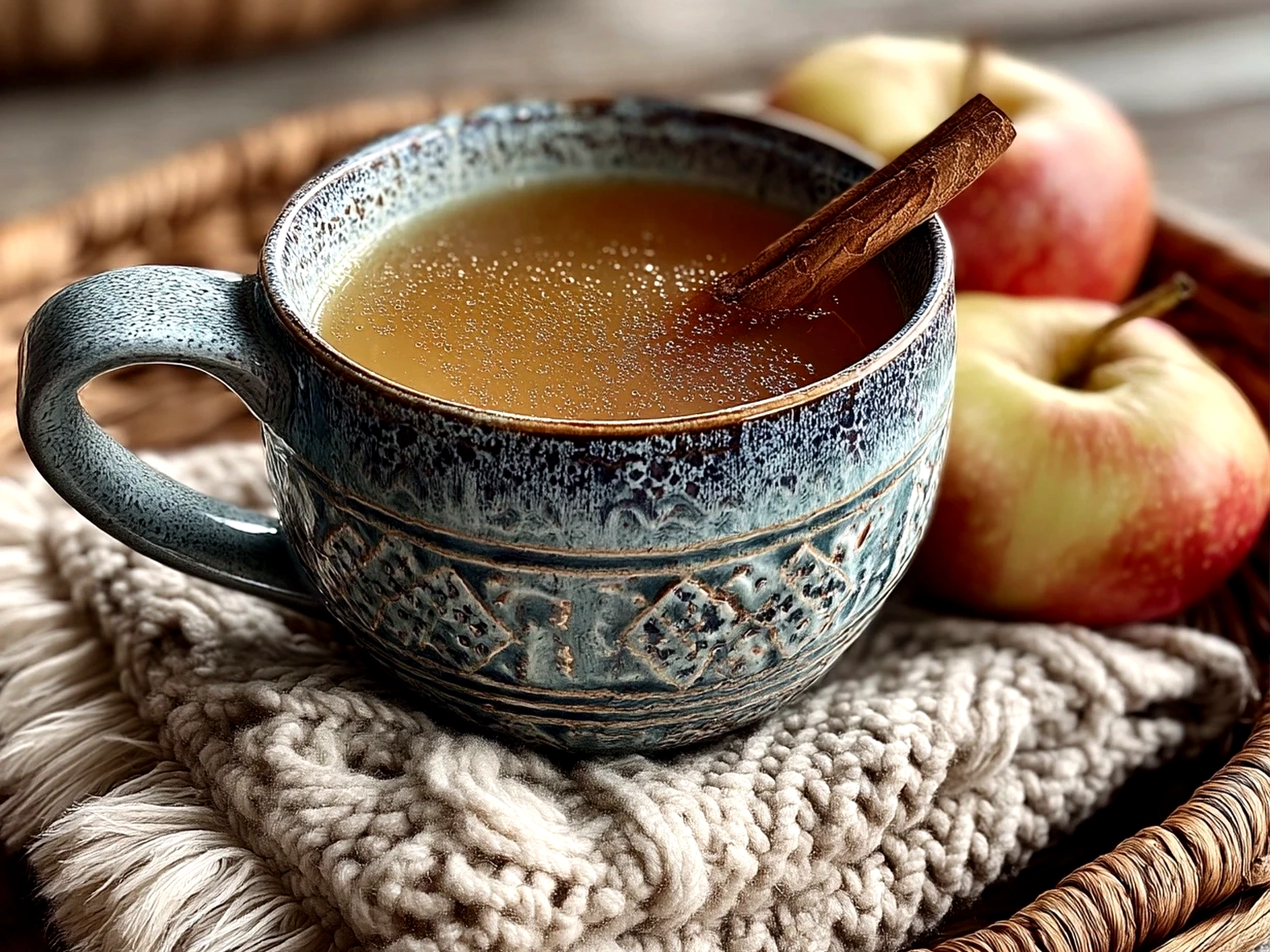 Close-up view of finished warm Spiced Hot Apple Cider in a glass mug with cinnamon stick garnish