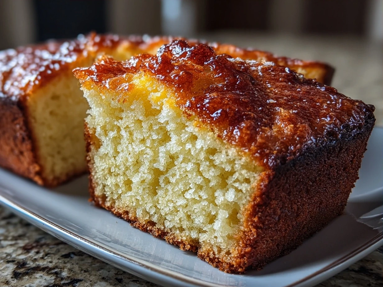 A freshly baked French Butter Cake dusted with powdered sugar on a rustic plate