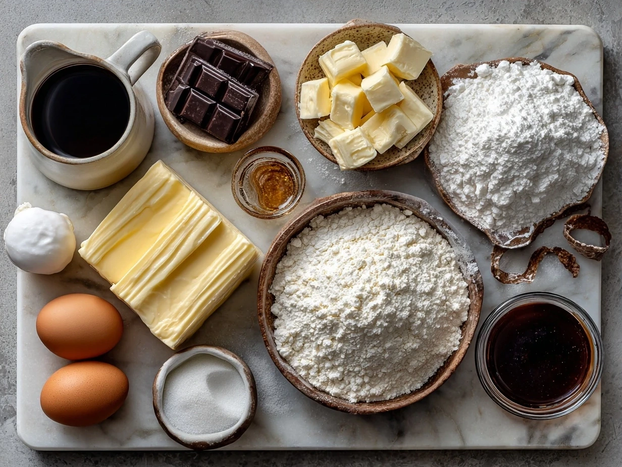 Ingredients for French Butter Cake laid out on a kitchen counter