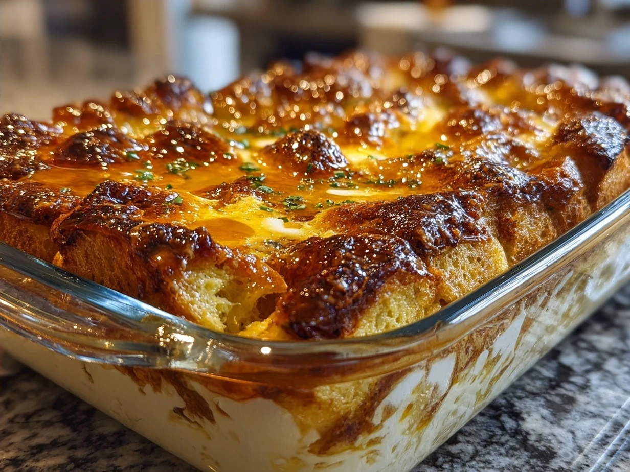 Final baked French Toast Bake golden and served on a plate
