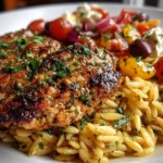 Freshly prepared Mediterranean Chicken and Orzo on white plate