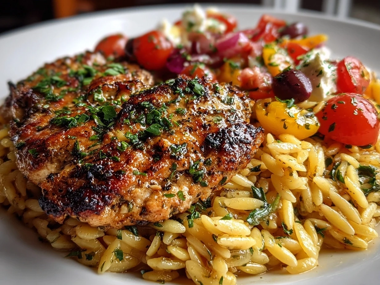 Freshly prepared Mediterranean Chicken and Orzo on white plate