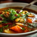 Freshly prepared Minestrone Soup on white plate