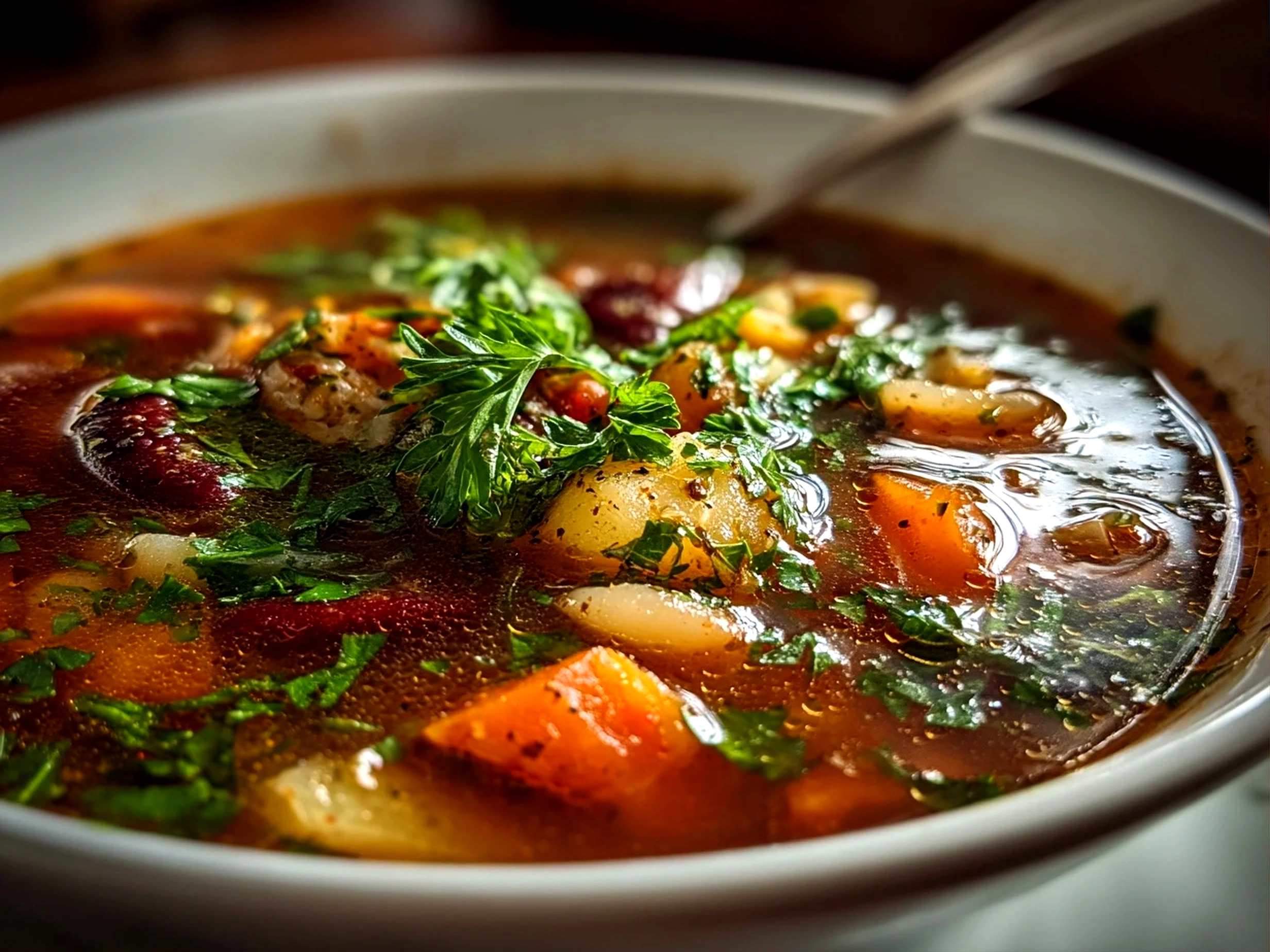 Freshly prepared Minestrone Soup on white plate