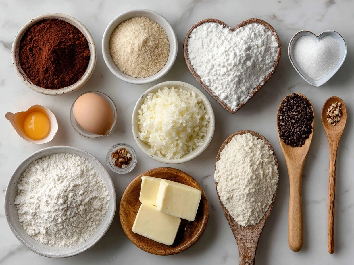 Ingredients for Frosted Heart Sugar Cookies including flour, powdered sugar, butter and food coloring gels