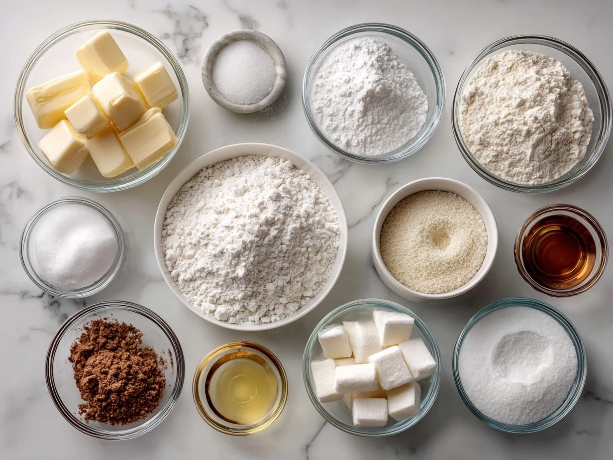 Ingredients for Frosted Lofthouse Cookies including flour, sugar, butter, and extracts
