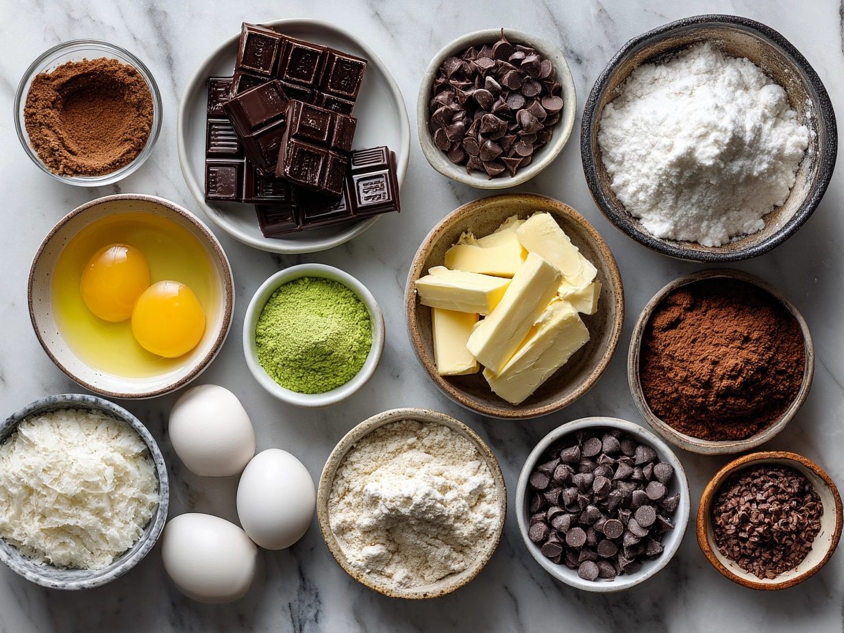 Ingredients for fudgy Grasshopper Cookies laid out on a kitchen counter