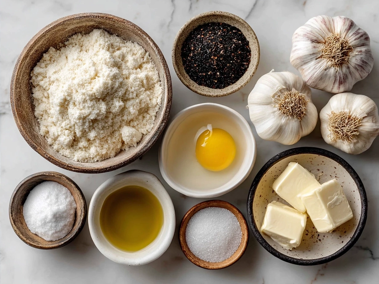 Ingredients including garlic, butter, parsley, baguette and cheese for garlic bread